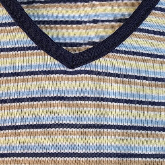 80s Retro Striped V-Neck Short Sleeve Shirt Large Twee Boho Hipster Deadstock - Picture 2 of 4